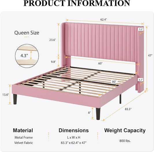 SHA CERLIN Queen Size Velvet Bed Frame with Vertical Channel Tufted Wingback Headboard, Upholstered Platform Bed with Wood Slats, No Box Spring Needed, Easy Assembly, Pink