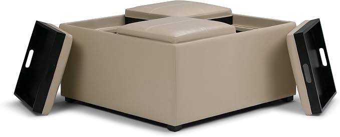 SIMPLIHOME Avalon Wide Contemporary Square Coffee Table Storage Ottoman, Satin Cream, Table Ottoman