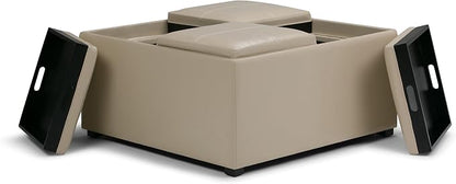 SIMPLIHOME Avalon Wide Contemporary Square Coffee Table Storage Ottoman, Satin Cream, Table Ottoman