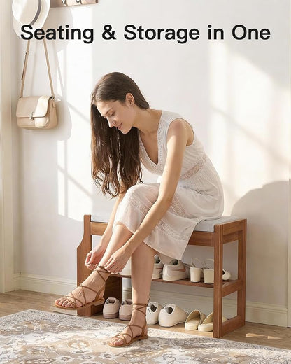 Pipishell 26″ Solid Pine Wood Shoe Rack Bench with Soft Cushion, 2 Tiers Shoe Storage Organizer with Lift-Top Storage and Side Holder, Holds up to 440 lbs, Shoe Bench for Entryway, Hallway, Bedroom