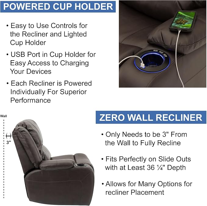 RecPro Charles 67" Powered Double RV Wall Hugger Recliner Sofa RV Loveseat with Upgraded 2023 Fabric (Chestnut)