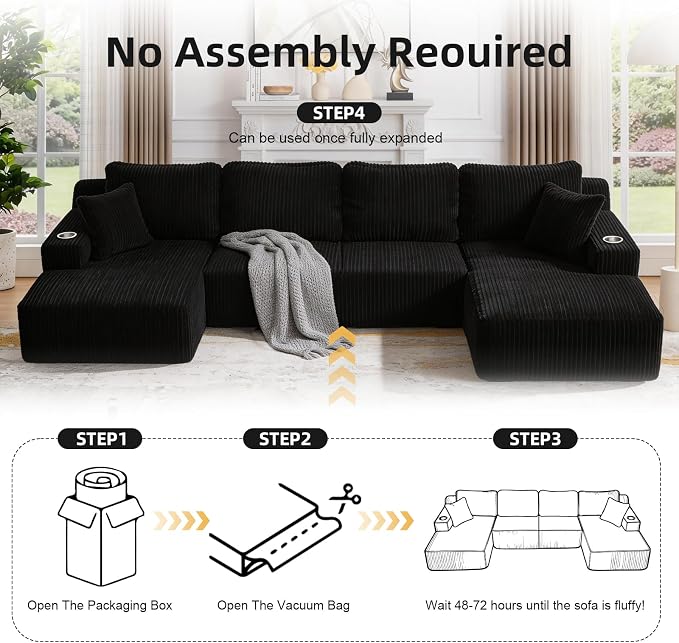 130" U-Shaped Modular Sectional Sofa with Chaise, Boneless Corduroy Flexible Module Seating for Living Room, Cloud Couch with Cup Holders and Side Pockets, No Assembly (Black)