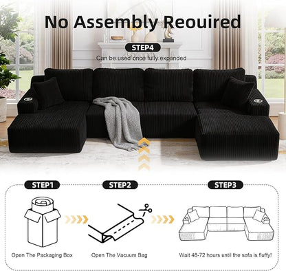 130" U-Shaped Modular Sectional Sofa with Chaise, Boneless Corduroy Flexible Module Seating for Living Room, Cloud Couch with Cup Holders and Side Pockets, No Assembly (Black)