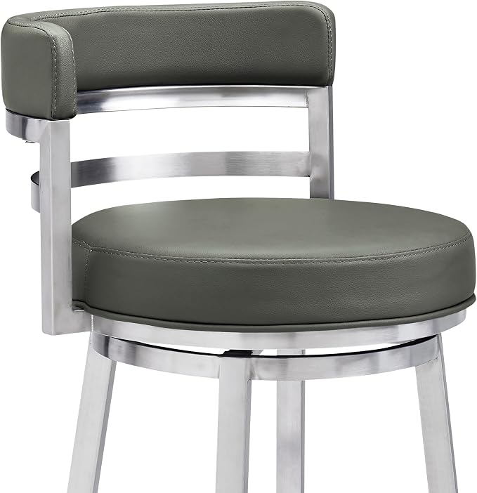 Armen Living Madrid 26" Counter Height Swivel Modern Gray Faux Leather and Brushed Stainless Steel Bar Stool for Kitchen Island Counter
