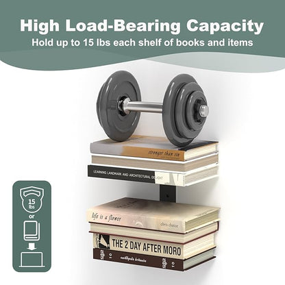 Mefirt Invisible Floating Bookshelves for Wall, 4 Tier Vertical Spine Book Tower, Heavy Duty Floating Book Shelves Metal Book Organizers for Home Office, 2 Pack(Black)