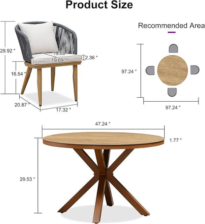 PURPLE LEAF 5 Pieces Patio Dining Set Wicker Outdoor Furniture Oversize Round Table and Chairs Set for Garden Deck Teak-Finish Aluminum Frame Backyard Kitchen Set, Cushions and Pillows Included