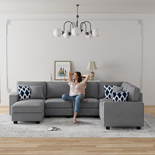 Legend Vansen Oversized Modular Sectional Sofa,U/L‑Shaped Reversible Couch with Ottoman,Deep Seat Plush Polyester Sofa for Living Room,7‑Seater,Dark Grey