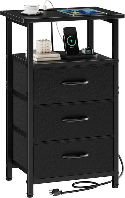 Vagusicc Nightstand with Charging Station, Bedside Table with USB Ports and Outlet, End Table Side Table with 3 Fabric Drawers and Storage Shelf, Bed Side Table Black Night Stand for Bedroom, Black