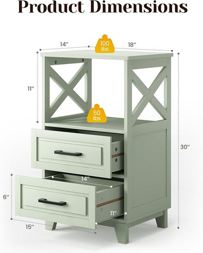 May in Color Nightstand Set of 2, 30" Tall Side Table with 2 Drawers and Open Shelf, Bedside Table with Solid Feet, Modern Night Stand End Table for Bedroom, Home Office, Green