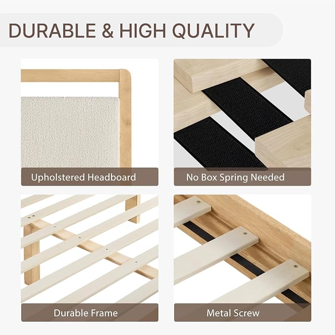 KISLOT Wood Bed Frame with Headboard and Footboard, Mattress Foundation with USB Charging Strong Wooden Slat Support Noise-Free Easy Assembly No Box Spring Needed