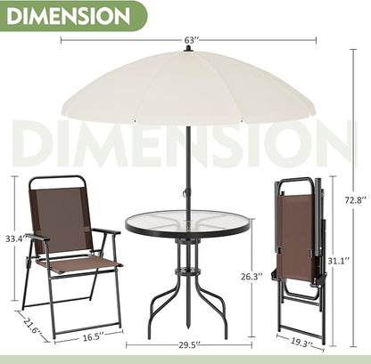 Shintenchi 6 Piece Outdoor Patio Furniture Set, Small Outdoor Patio Dining Table and Chairs Set, Outdoor Seating with Umbrella for Backyard, Balcony, Front Porch, Light Brown