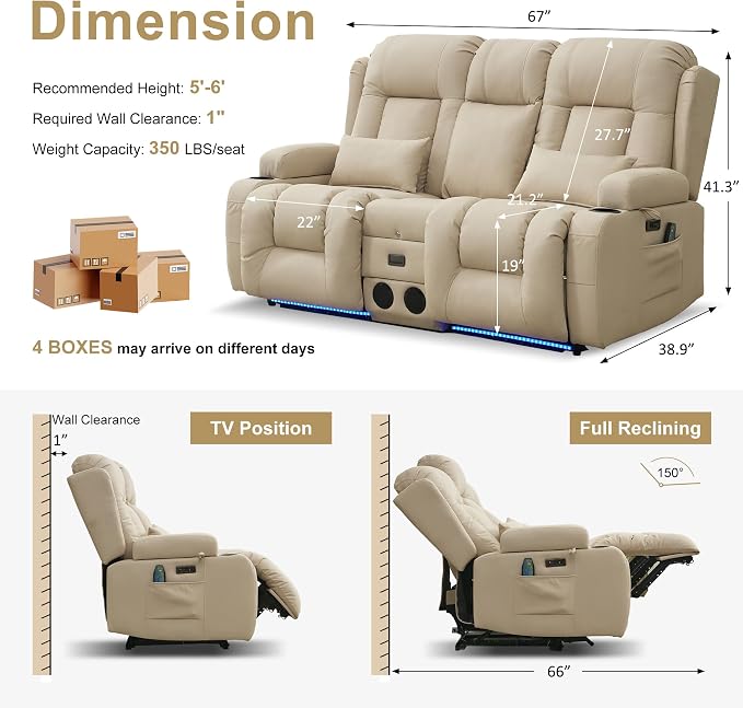 URRED Power Loveseat Recliner Sofa with Massage and Heat, Wall Hugger Reclining Loveseat with Console, RV Couch Home Theater Seating with LED Lights for Living Room (Beige, 67" - 2 Seats)