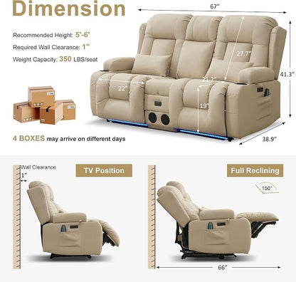 URRED Power Loveseat Recliner Sofa with Massage and Heat, Wall Hugger Reclining Loveseat with Console, RV Couch Home Theater Seating with LED Lights for Living Room (Beige, 67" - 2 Seats)