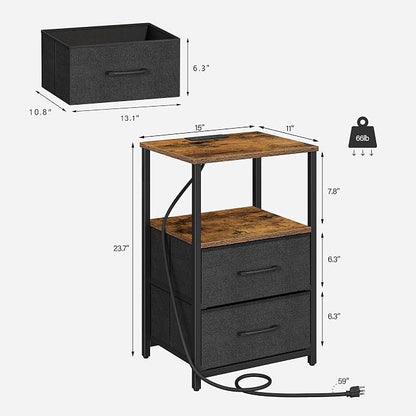 TUTOTAK LED End Table with Charging Station, Nightstand with Cloth Drawer, Side Table with 1 USB Port and 1 Type-C Port, Set of 2, Couch Table, Brown and Black TB01BB052KL