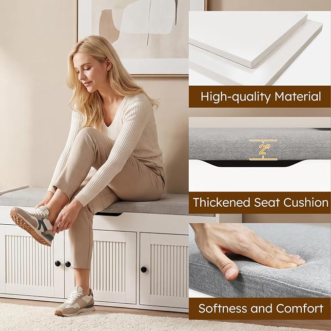 40" Storage Bench - Entryway Shoe Bench with 3 Doors and Top Storage Area, Multifunctional Entryway Bench with Lift Top Cushion, Shoe Storage Bench for Bedroom, Living Room, White