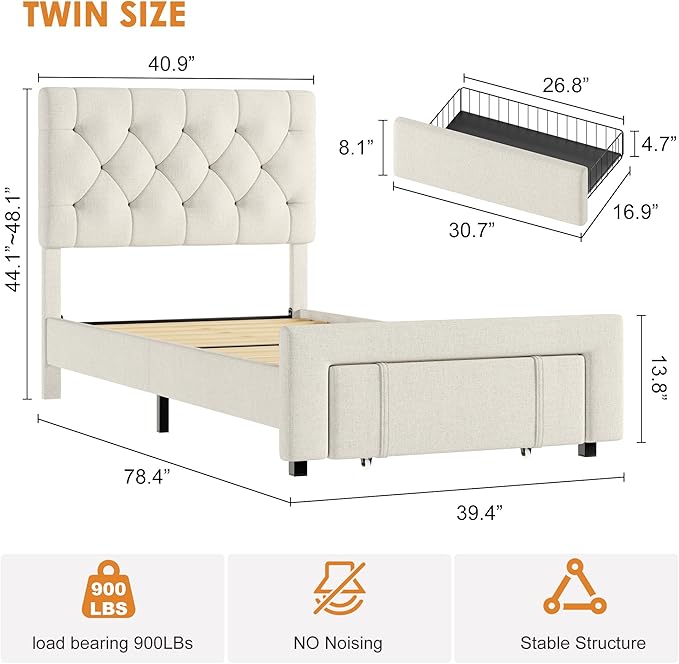 GarveeHome Twin Size Bed Frame, Upholstered Platform Bed Frame with Storage Drawers, Mattress Foundation with Solid Wooden Slats Support, No Box Spring Needed, Beige