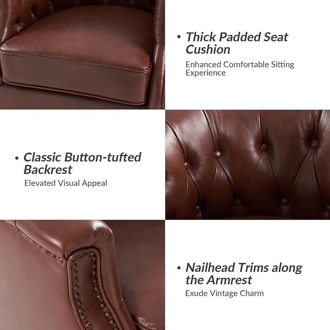HULALA HOME Genuine Leather Swivel Accent Chair, Swivel Rocker Barrel Chair, Traditional Chesterfield Armchair with Button-Tufted Design, No Assembly Required, Brown
