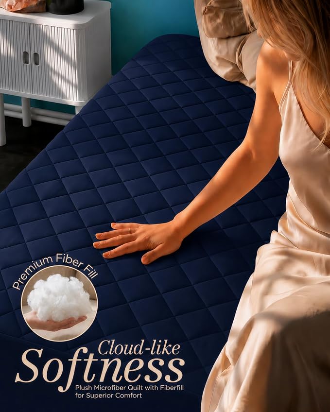 Quilted Fitted Mattress Pad, Twin Mattress Protector Topper with Deep Pocket Stretches up to 16 Inches, Machine Washable Mattress Cover by Utopia Bedding (Navy)