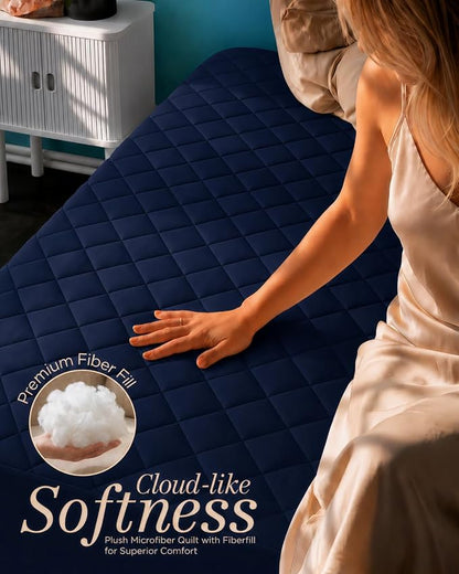 Quilted Fitted Mattress Pad, Twin Mattress Protector Topper with Deep Pocket Stretches up to 16 Inches, Machine Washable Mattress Cover by Utopia Bedding (Navy)