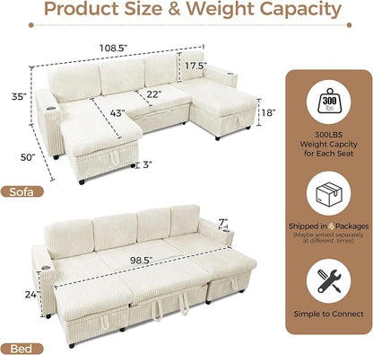Modular Sectional Sleeper Sofa with Pull Out Bed, Plush Corduroy U Shaped Couch with Storage Chaise, USB Ports, Cup Holders, Comfy Sectional Couches for Living Room, Beige
