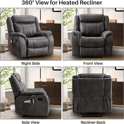 Massage Recliner Chair with Heat, Faux Leather Recliner Chairs for Adults, 39" Wide Manual Reclining Ergonomic Lounge Chair, Overstuffed Wall Hugger Recliners for Living Room, Grey