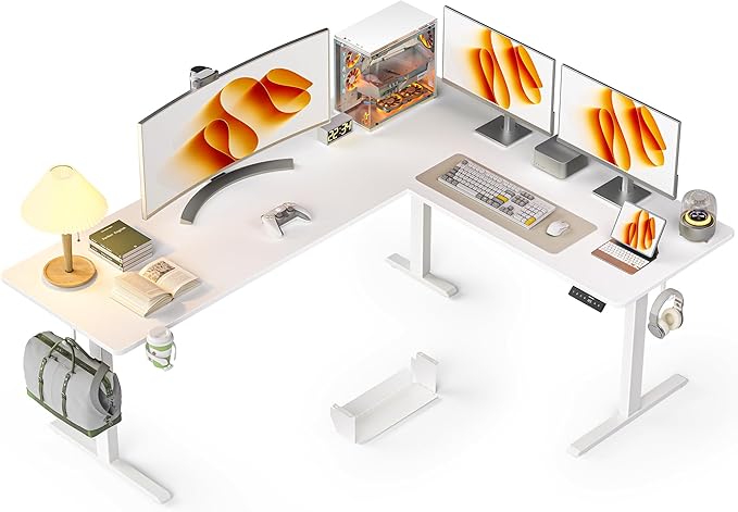 WALKINGDESK 75x61 Inches Reversible L Shaped Standing Desk Height Adjustable with Cup Holder, Electric Corner Computer Workstation for Home Office, Sit Stand up Gaming Desk with Cable Management White