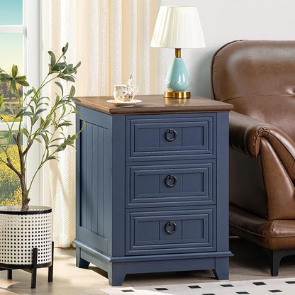 Joaxswe 18" Farmhouse Night Stand with 3 Drawers, Wood End Table Dresser for Bedroom, Navy Blue Nightstand, Bed Side Table with Metal Handle, Bedside Cabinet for Bedroom Living Room, Closet