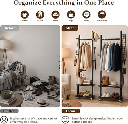 Solid Wood Coat Rack Freestanding Clothing Rack with Wheels & 2 Shelves Storage & 5 Hooks Heavy Duty Clothes Rack Wood Coat Tree Stand Hat Hanger Rack for Corner Bedroom Entryway Living Room Hotel