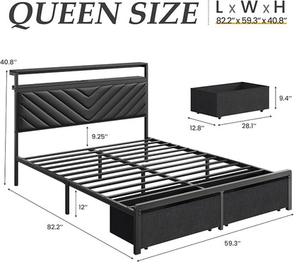 Fluest Queen Bed Frame with 2 Drawers, Upholstered Headboard with Storage and Charging Station, LED Lights, Fabric Drawers with Wheels, Under Bed Storage, No Box Spring Needed, Easy Assembly, Black