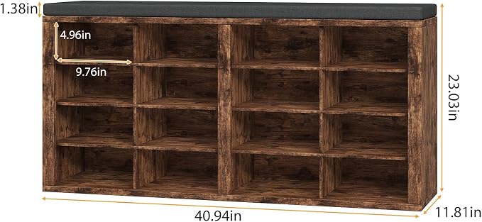 Shoe Rack Bench, Shoe Storage Bench with Cushion, Shoe Organizer 16 Cubbies for Entryway Hallway Bedroom Living Room, Holds Up to 400lbs