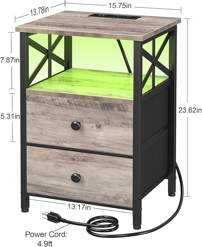 AMHANCIBLE Nightstands Set of 2 with Charging Station, LED Night Stand with 2 Storage Drawers, End Tables with USB Ports and Outlets, Modern Bedside Tables for Bedroom, Grey, HET052LGY