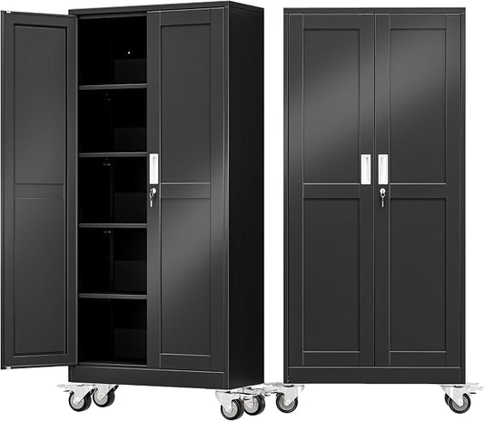 71" Metal Garage Storage Cabinet with Wheels and Locking Doors and Tall Rolling Steel Tool Cabinet with 4 Adjustable Shelves for Garage,Home,Office,Shop (Black, 71''H x 30''W x15''D)