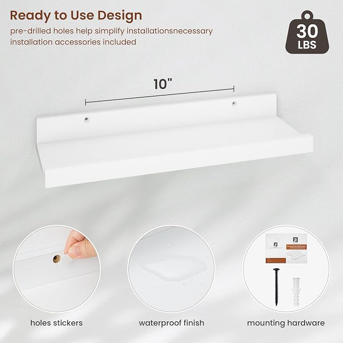 Axeman White Picture Ledge Shelf Set of 4, 16'' Floating Shelves with Lip | Rustic White Wood Wall Shelves with Ledge for Photos Nursery Books Records Artworks Decors