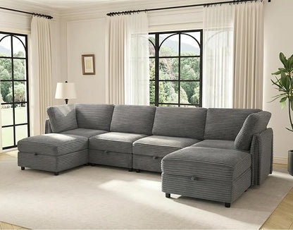 KKL Modular Sectional Sofa U-Shaped 6 Seater Couch with Storage Ottoman, Convertible L-Shaped Plush Wide-Wale Corduroy Couch for Living Room, Apartment, Modern Design, Gray