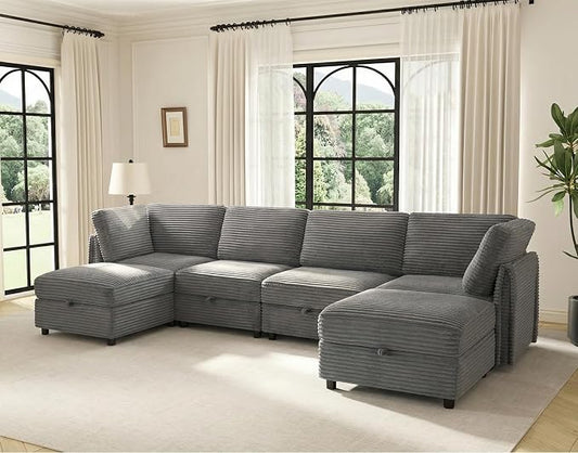 KKL Modular Sectional Sofa U-Shaped 6 Seater Couch with Storage Ottoman, Convertible L-Shaped Plush Wide-Wale Corduroy Couch for Living Room, Apartment, Modern Design, Gray