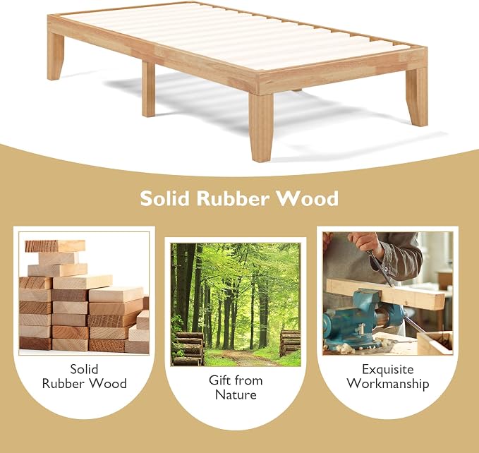 COSTWAY Twin Size Platform Bed Frame, 14 Inches Solid Rubber Wood Bed Mattress Foundation with Sturdy Slats Support, Easy Assembly Bed Frame for Home Hotel, No Box Spring Needed (Natural, Twin)