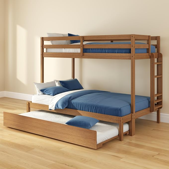 Grain & Grove Bear Twin Over Full Bunk Bed with Trundle Bed, Sturdy Bunk Bed Frame for Kids, Plywood Bunk with Ladder, Guardrail, and Slats, No Box Spring Required, Oak Embossed Pecan