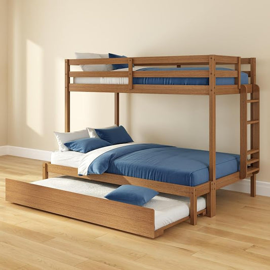 Grain & Grove Bear Twin Over Full Bunk Bed with Trundle Bed, Sturdy Bunk Bed Frame for Kids, Plywood Bunk with Ladder, Guardrail, and Slats, No Box Spring Required, Oak Embossed Pecan