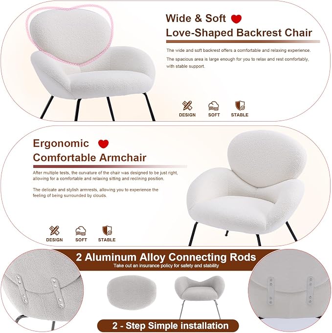 Accent Chair, Accent Chair for Bedroom, Boucle Chair (Cream Whtie) | Comfy Bedroom Chair with Love Back and Sturdy And Durable Solid-Wood Frame/ Study Room / Bedroom / Living Room /(Cream Style)