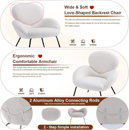 Accent Chair, Accent Chair for Bedroom, Boucle Chair (Cream Whtie) | Comfy Bedroom Chair with Love Back and Sturdy And Durable Solid-Wood Frame/ Study Room / Bedroom / Living Room /(Cream Style)