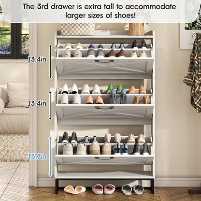 Maupvit Shoe Storage Cabinet with 3 Flip Drawers, Freestanding Organizer with Metal Legs for Entryway, Narrow Shoe Rack Cabinet, White