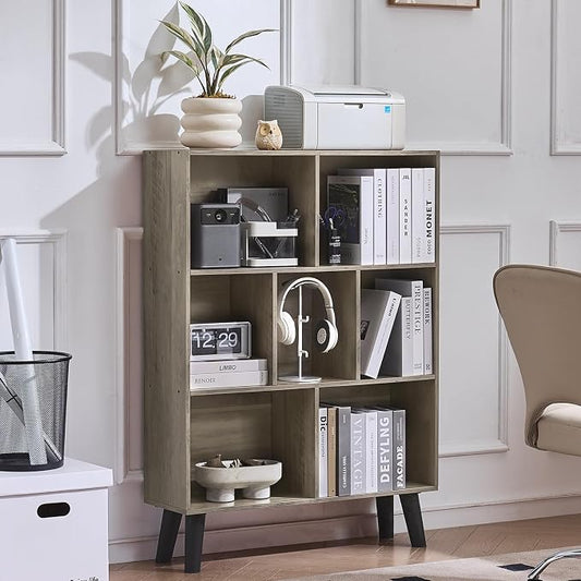 LEYAOYAO Cube Bookshelf 3 Tier Mid-Century Retro Grey Modern Bookcase with Legs,Retro Wood Bookshelves Storage Organizer Shelf,Freestanding Open Book Shelves for Bedroom,Living Room,Office