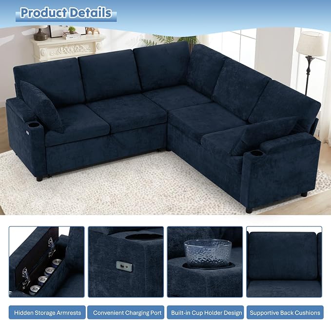85" Chenille Sectional Sofa w/Pull Out Bed & Storage Space, Blue | Upholstery L Shaped Couch w/Cup Holders, Modern Corner Sofa w/USB Charging Port & Throw Pillow for Living Room