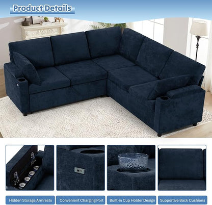 85" Chenille Sectional Sofa w/Pull Out Bed & Storage Space, Blue | Upholstery L Shaped Couch w/Cup Holders, Modern Corner Sofa w/USB Charging Port & Throw Pillow for Living Room