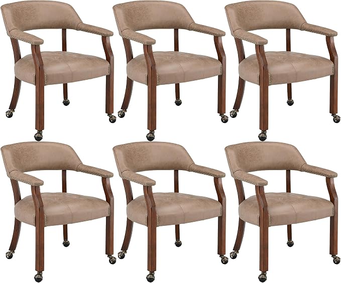 LEEMTORIG Set of 6 Dining Chairs with Casters and Arms, Rolling Dining Chairs with Wheels for Elderly, Ergonomic Wide Seat Wood Office Chair, 26" Dx25.2 W, Cherry Legs&Yellow Brown Fabric SY-1533-LT