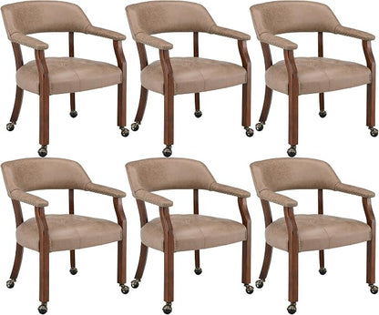 LEEMTORIG Set of 6 Dining Chairs with Casters and Arms, Rolling Dining Chairs with Wheels for Elderly, Ergonomic Wide Seat Wood Office Chair, 26" Dx25.2 W, Cherry Legs&Yellow Brown Fabric SY-1533-LT