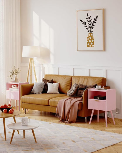 JOONEE Nightstand with Oultlet,Modern Bedside Table with Storage Drawer and Open Wood Shelf, for Living Room, Bedroom and Small Spaces, Accent Night Stand with Solid Wood Legs, Easy Assembly,Pink