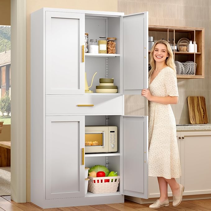 71” Tall Kitchen Pantry Cabinet, Metal Storage Cabinet with 2 Doors and 4 Adjustable Shelves for Kitchen, Living Room, Laundry Room (White, 71" H-1 Drawer)
