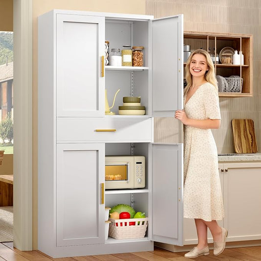 71” Tall Kitchen Pantry Cabinet, Metal Storage Cabinet with 2 Doors and 4 Adjustable Shelves for Kitchen, Living Room, Laundry Room (White, 71" H-1 Drawer)