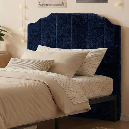 Twin Headboard Only - Blue Velvet Upholstered Headboard for Bed, No Assembly Required, Pure Sponge Design, Comfort Head Board, Place Between Bed & Wall, Vertical Stripe with Stepped Crown Top Edge